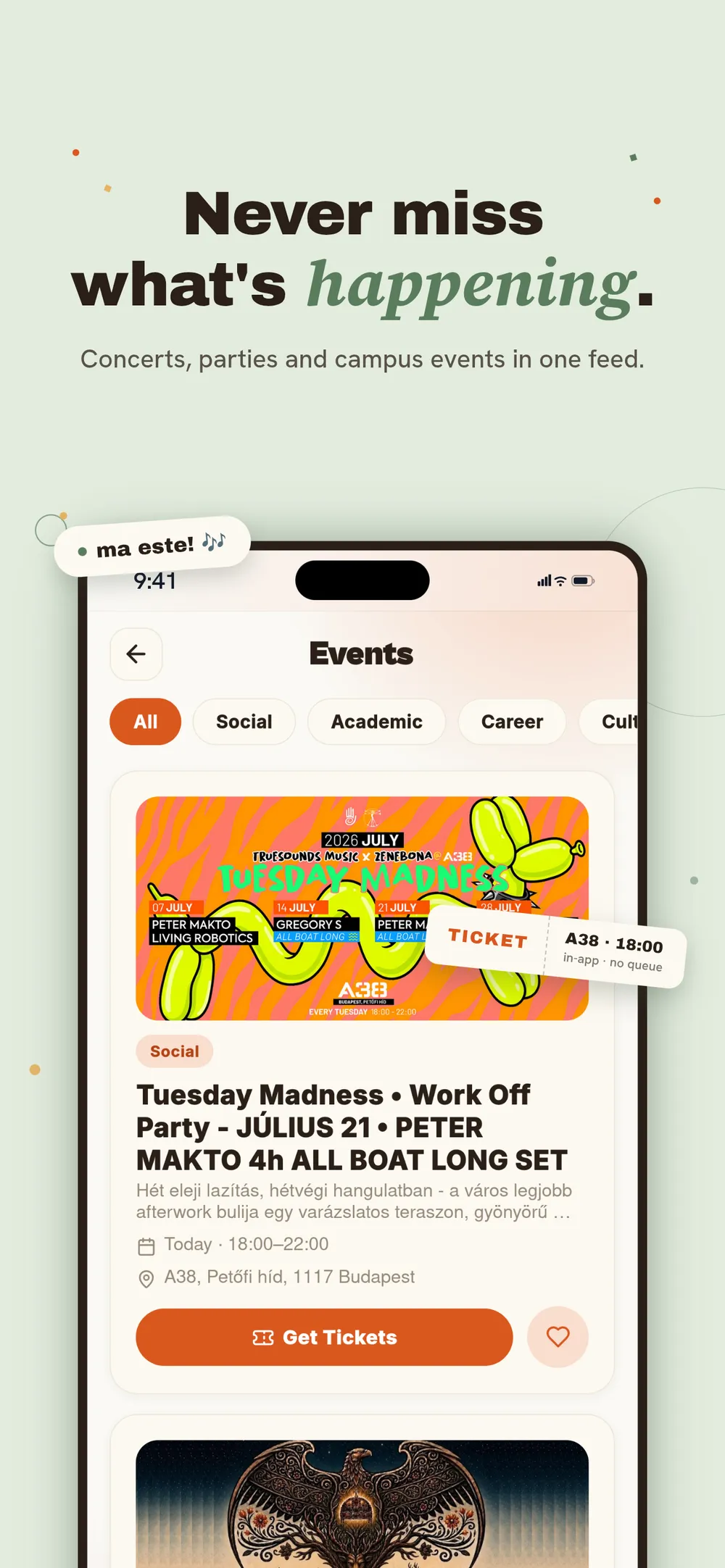 StudentHub events feed with parties, academic and career events in Budapest